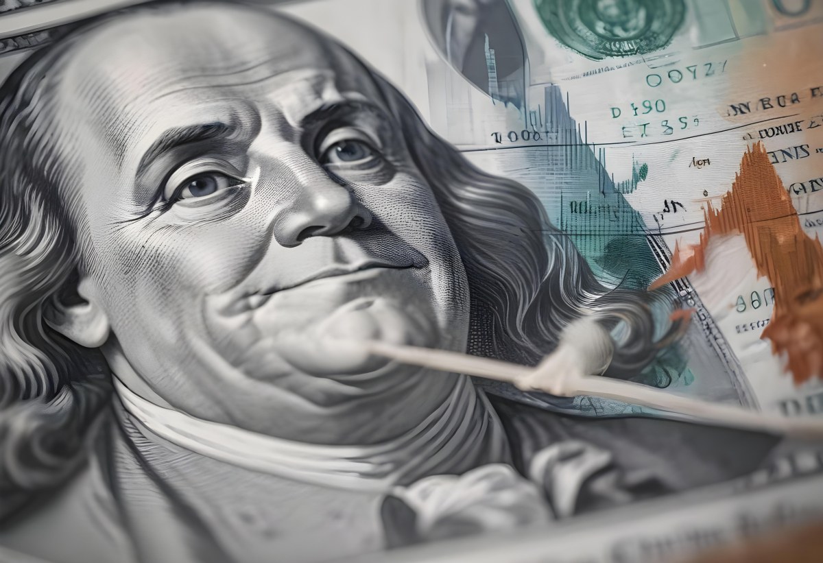 Benjamin Franklin Portrait On A One Hundred Dollar Bill Overlaid With A Stock Market Chart And Dollar Signs In A Financial Context 7 E7b0