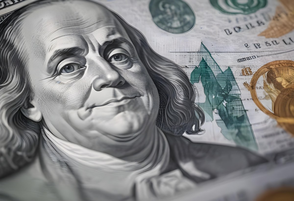 Benjamin Franklin Portrait On A One Hundred Dollar Bill Overlaid With A Stock Market Chart And Dollar Signs In A Financial Context 8 4f8e