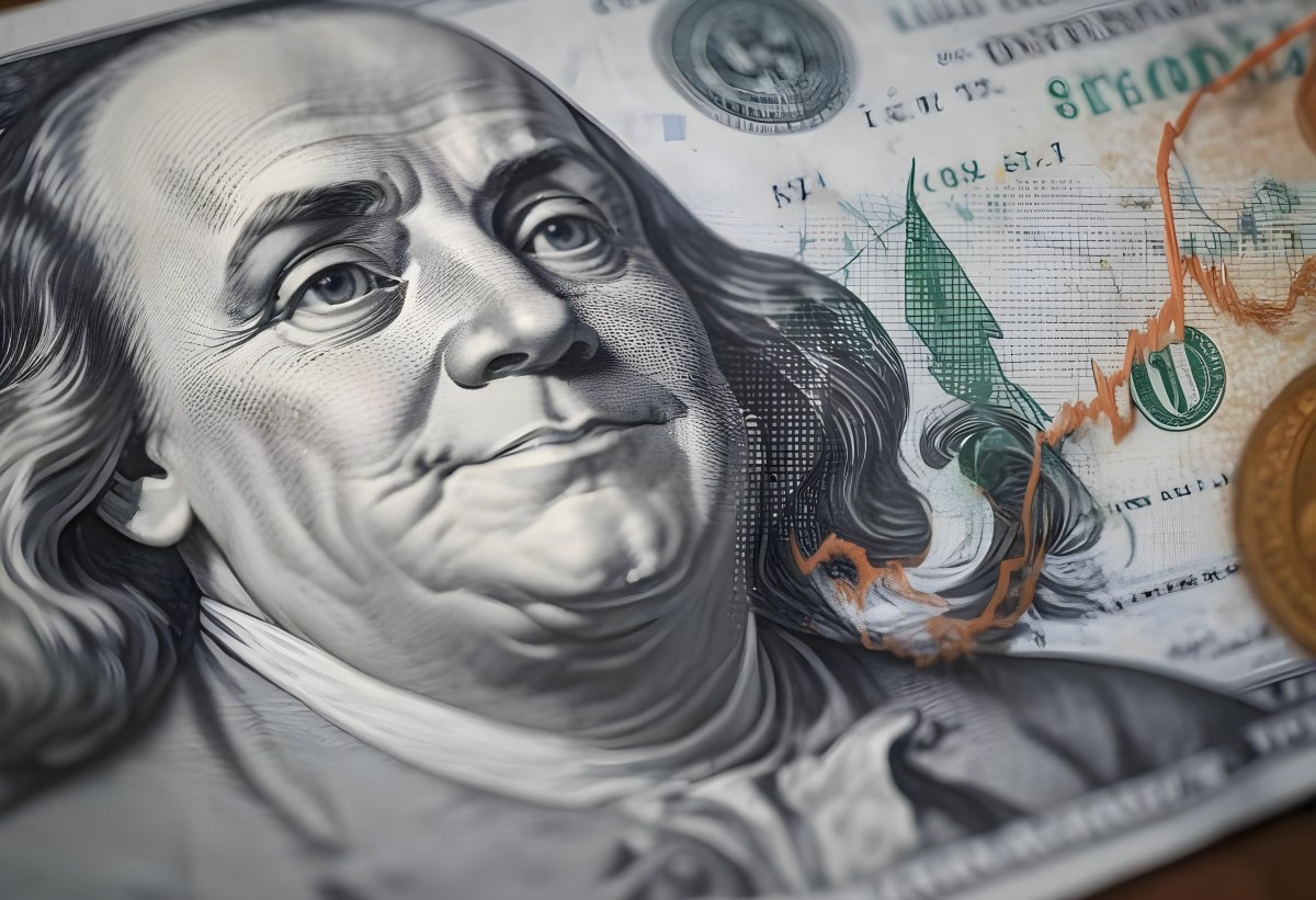 Benjamin Franklin Portrait On A One Hundred Dollar Bill Overlaid With A Stock Market Chart And Dollar Signs In A Financial Context 9 Fbd2