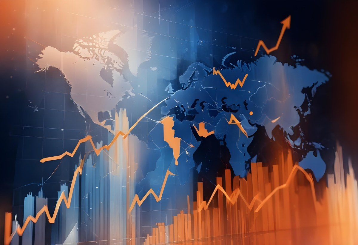 Digital Painting Stock Market Chart With Upward Arrows And World Map In The Background Inancial Data Blue And Orange Color Scheme Modern Design Investment Concept Bold And Slim Lines Brush Strokes 23 Ab82