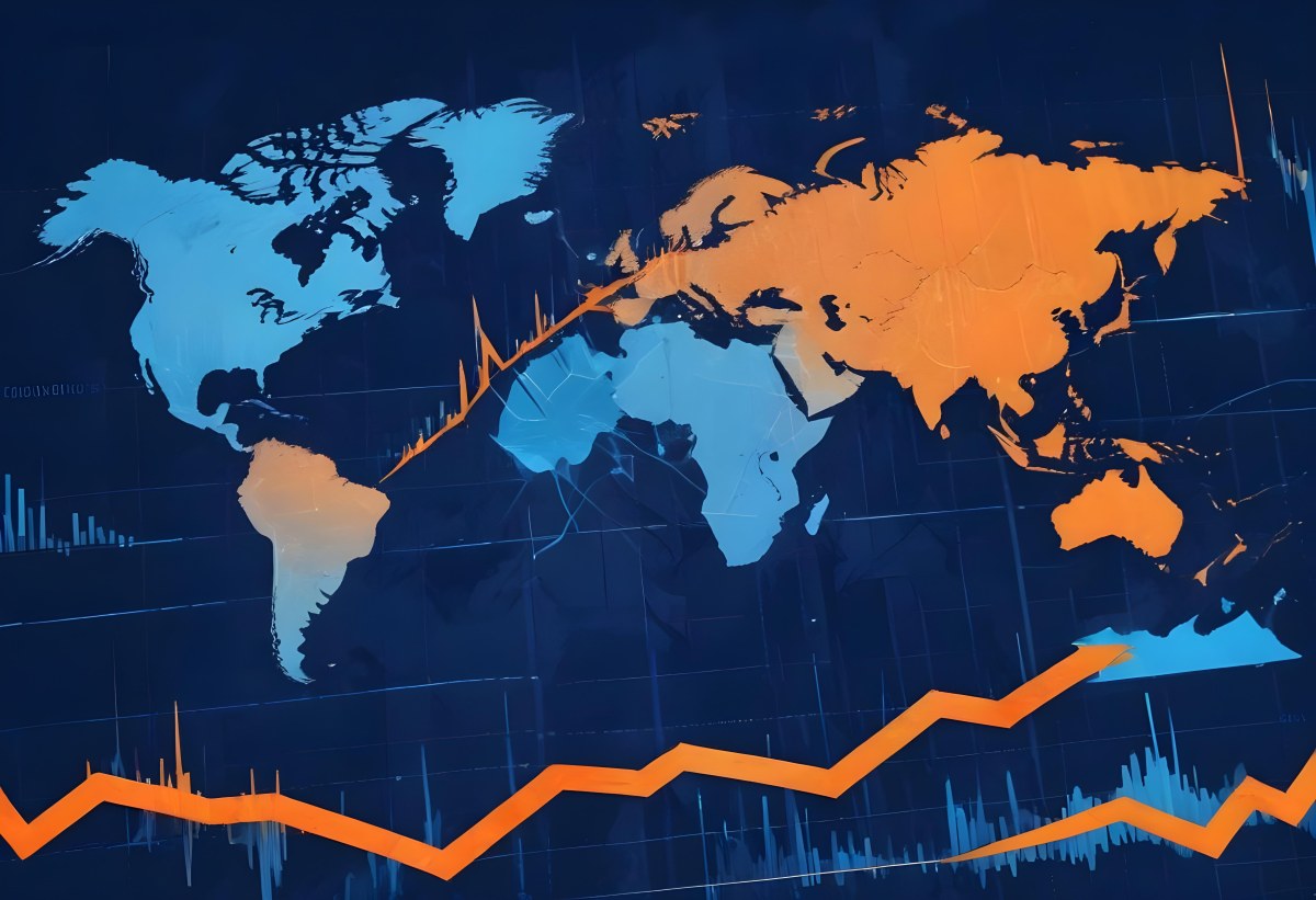 Digital Painting Stock Market Chart With Upward Arrows And World Map In The Background Inancial Data Blue And Orange Color Scheme Modern Design Investment Concept Bold And Slim Lines Brush Strokes 25 Ae5b