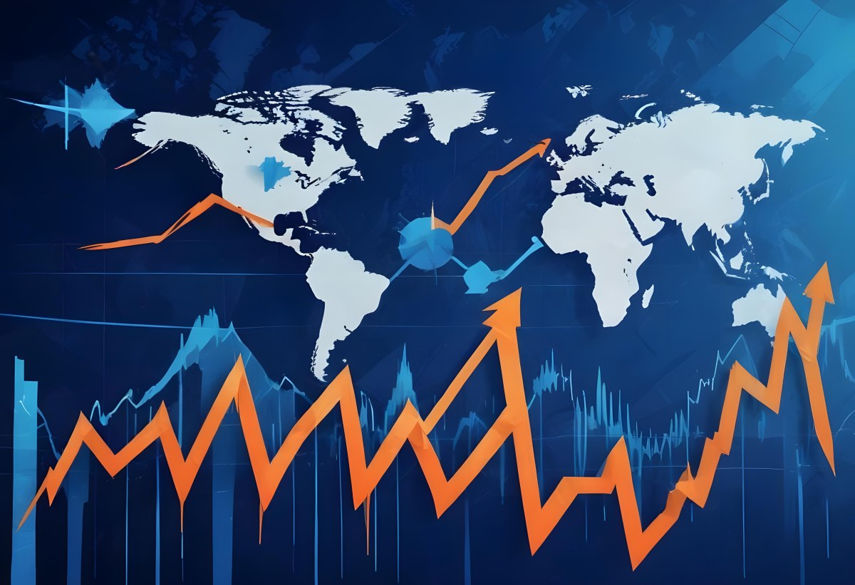 Digital Painting Stock Market Chart With Upward Arrows And World Map In The Background Inancial Data Blue And Orange Color Scheme Modern Design Investment Concept Bold And Slim Lines Brush Strokes 26 0559