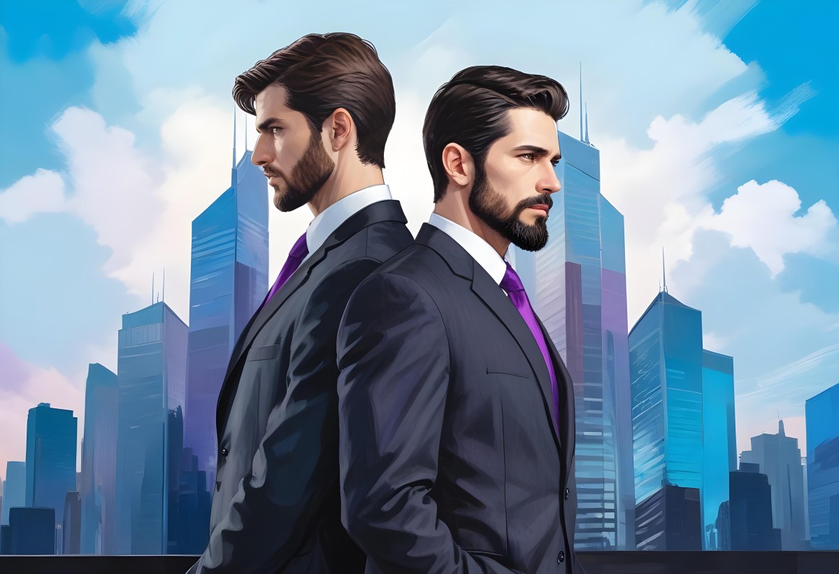 Digital Painting Two Men In Business Suits Standing Back To Back In Front Of A Cityscape With Tall Glass Buildings One Man Has A Beard And Dark Hair Wearing A Black Suit Looking Pensive The Other Man Has Short Ha 6 A290