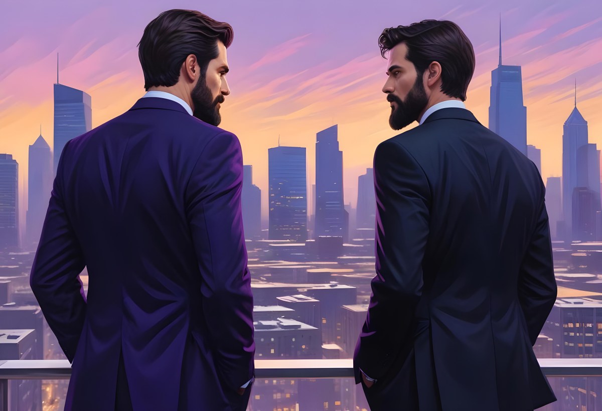 Digital Painting Two Men In Business Suits Standing Back To Back In Front Of A Cityscape With Tall Glass Buildings One Man Has A Beard And Dark Hair Wearing A Black Suit Looking Pensive The Other Man Has Short Ha 7 C331