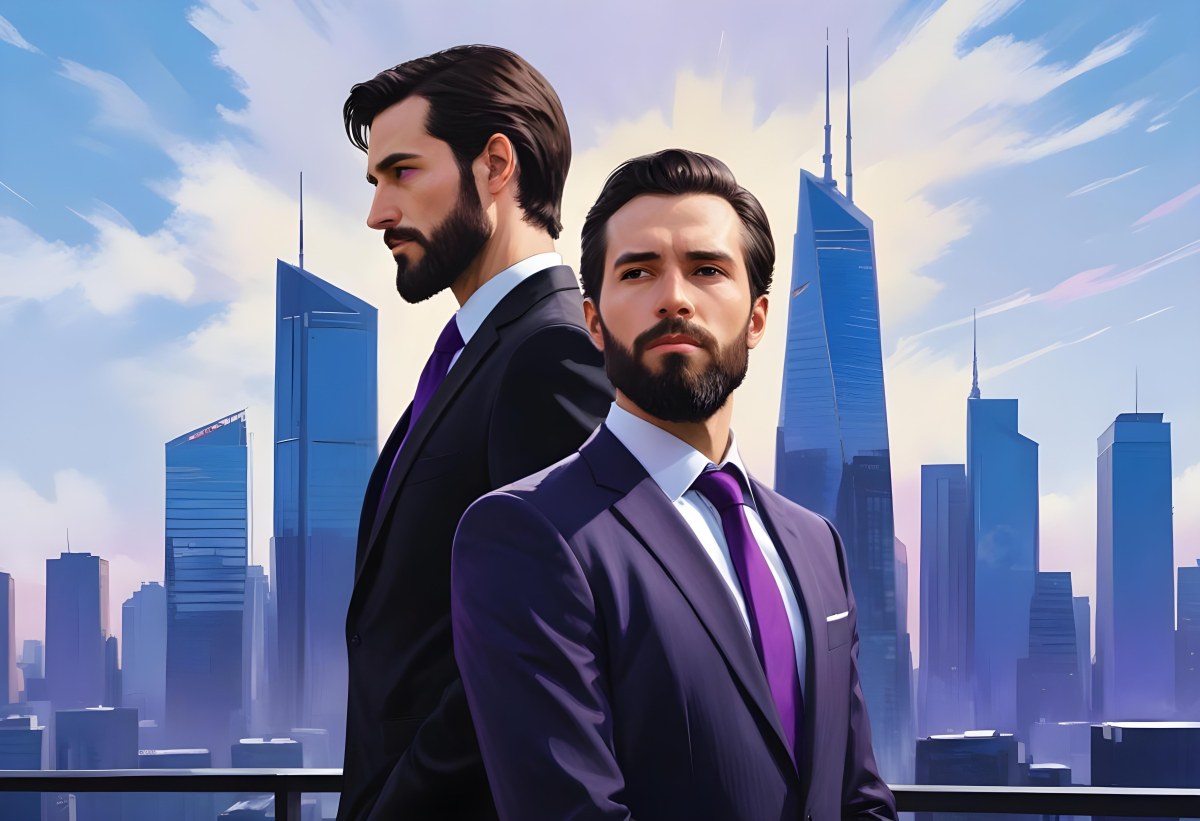 Digital Painting Two Men In Business Suits Standing Back To Back In Front Of A Cityscape With Tall Glass Buildings One Man Has A Beard And Dark Hair Wearing A Black Suit Looking Pensive The Other Man Has Short Ha 8 9d8d