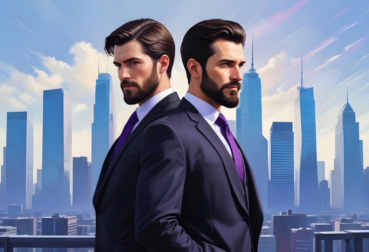 Digital Painting Two Men In Business Suits Standing Back To Back In Front Of A Cityscape With Tall Glass Buildings One Man Has A Beard And Dark Hair Wearing A Black Suit Looking Pensive The Other Man Has Short Ha 9 5a30