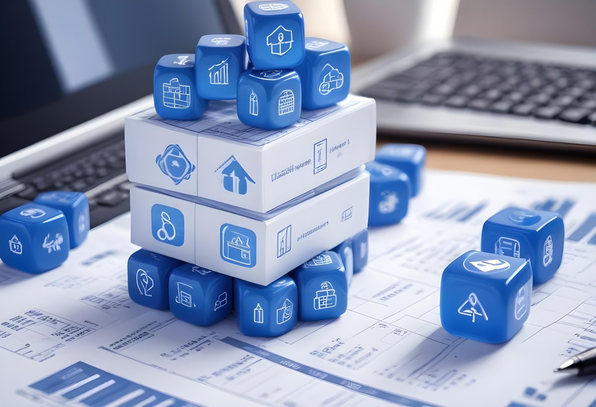 Stack Of Blue Cubes With Business Icons On Top Of A Financial Report With A Laptop In The Background 35 931e