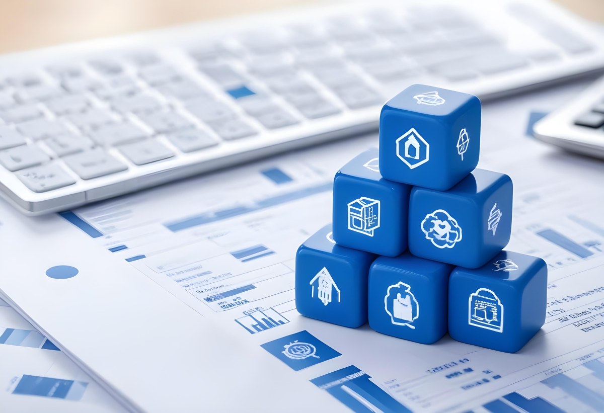 Stack Of Blue Cubes With Business Icons On Top Of A Financial Report With A Laptop In The Background 36 8d31