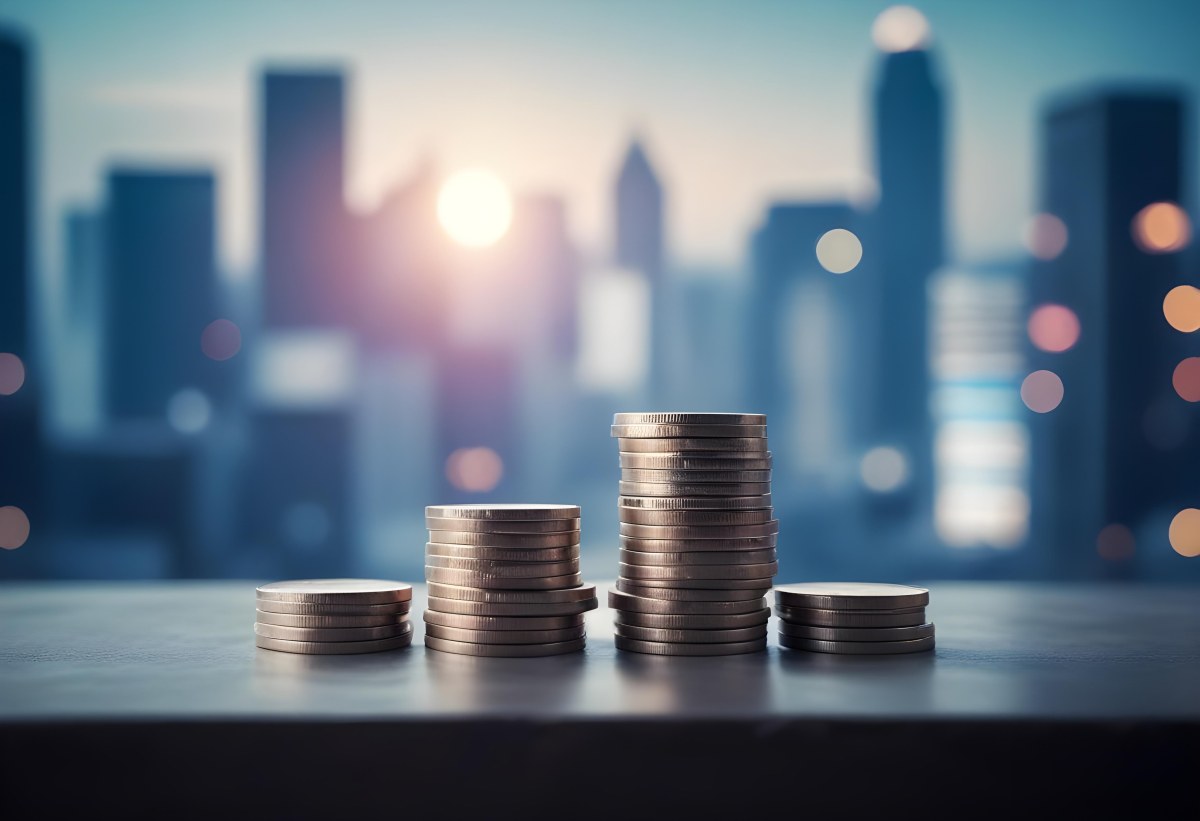 Stacks Of Coins Against A Blurred Cityscape Background Representing Financial Growth And Investment 10 117a