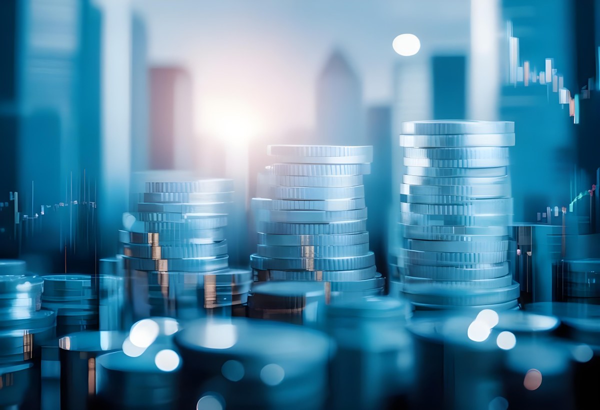 Stacks Of Coins Against A Blurred Cityscape Background Representing Financial Growth And Investment 12 Ab79
