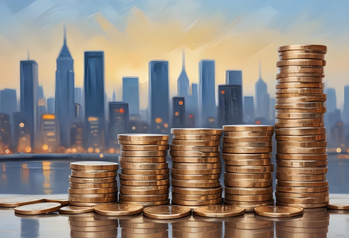 Stacks Of Coins Against A Blurred Cityscape Background Representing Financial Growth And Investment 15 B98d
