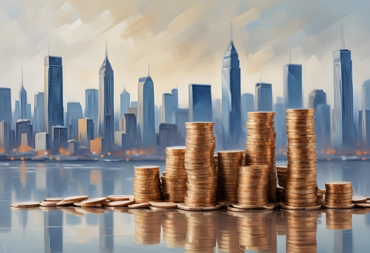 Stacks Of Coins Against A Blurred Cityscape Background Representing Financial Growth And Investment 16 Ab36
