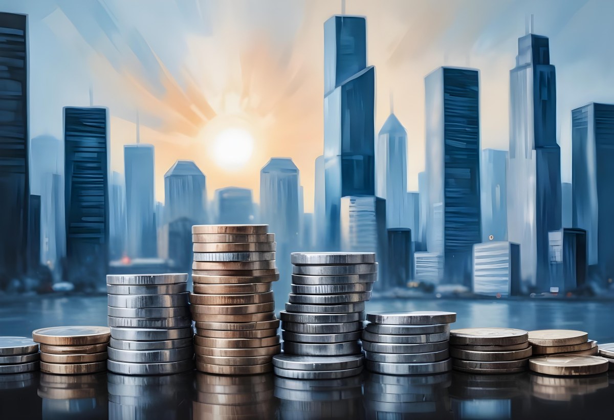 Stacks Of Coins Against A Blurred Cityscape Background Representing Financial Growth And Investment 17 Ebf0