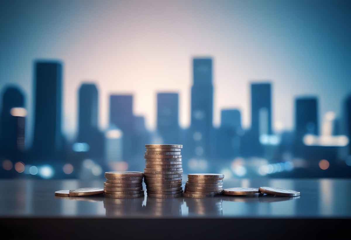 Stacks Of Coins Against A Blurred Cityscape Background Representing Financial Growth And Investment 2 8e7c
