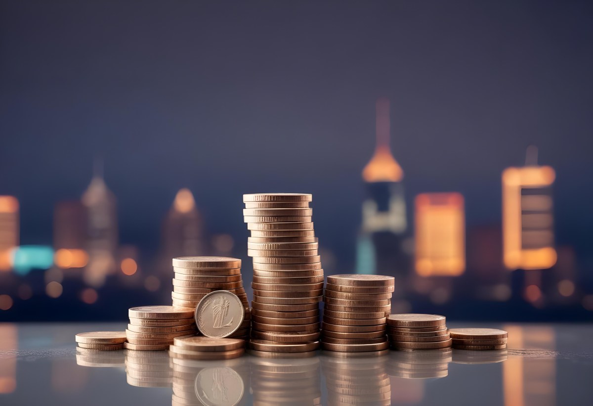 Stacks Of Coins Against A Blurred Cityscape Background Representing Financial Growth And Investment 3 F749