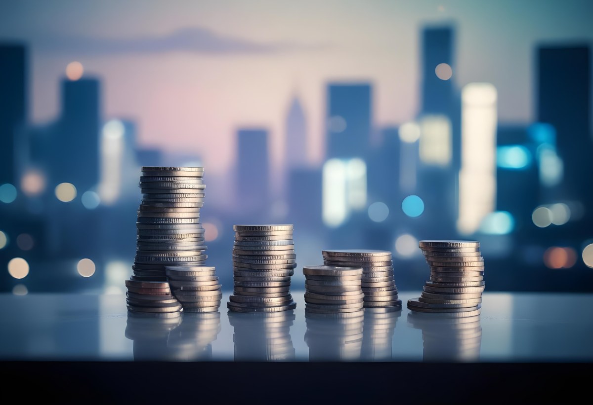 Stacks Of Coins Against A Blurred Cityscape Background Representing Financial Growth And Investment 4 9a00