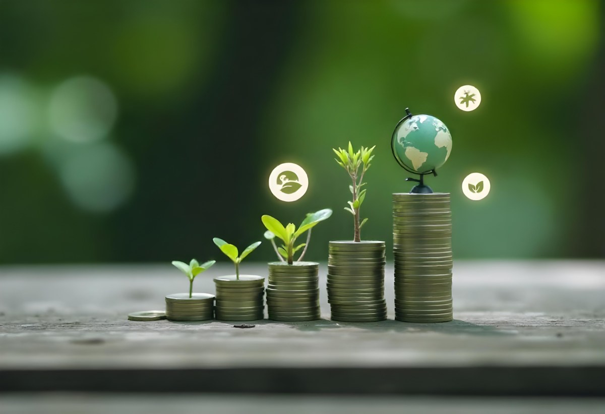 Stacks Of Coins With Plants Growing On Top A Green Earth Globe And Environmental Icons Floating Above On A Wooden Surface With A Blurred Green Background 18 5253