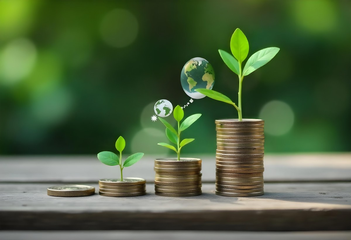 Stacks Of Coins With Plants Growing On Top A Green Earth Globe And Environmental Icons Floating Above On A Wooden Surface With A Blurred Green Background 30 Ac7b