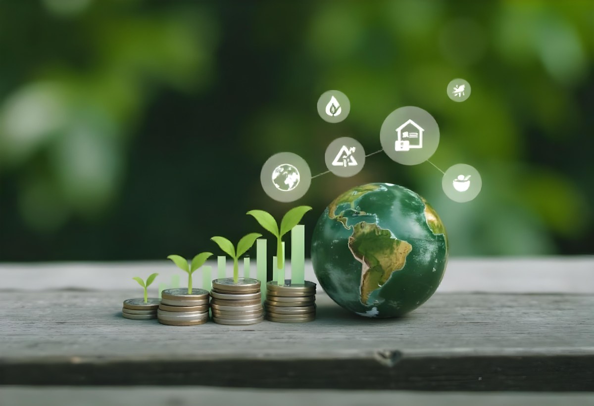 Stacks Of Coins With Plants Growing On Top A Green Earth Globe And Environmental Icons Floating Above On A Wooden Surface With A Blurred Green Background 32 18d2