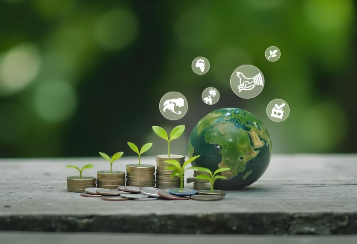 Stacks Of Coins With Plants Growing On Top A Green Earth Globe And Environmental Icons Floating Above On A Wooden Surface With A Blurred Green Background 34 7e74