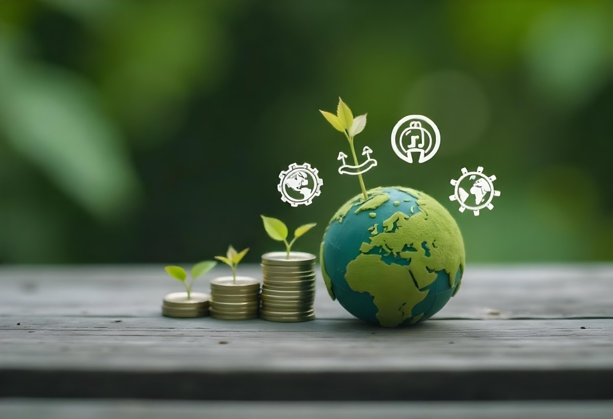 Stacks Of Coins With Plants Growing On Top A Green Earth Globe And Environmental Icons Floating Above On A Wooden Surface With A Blurred Green Background 51 Dbf7