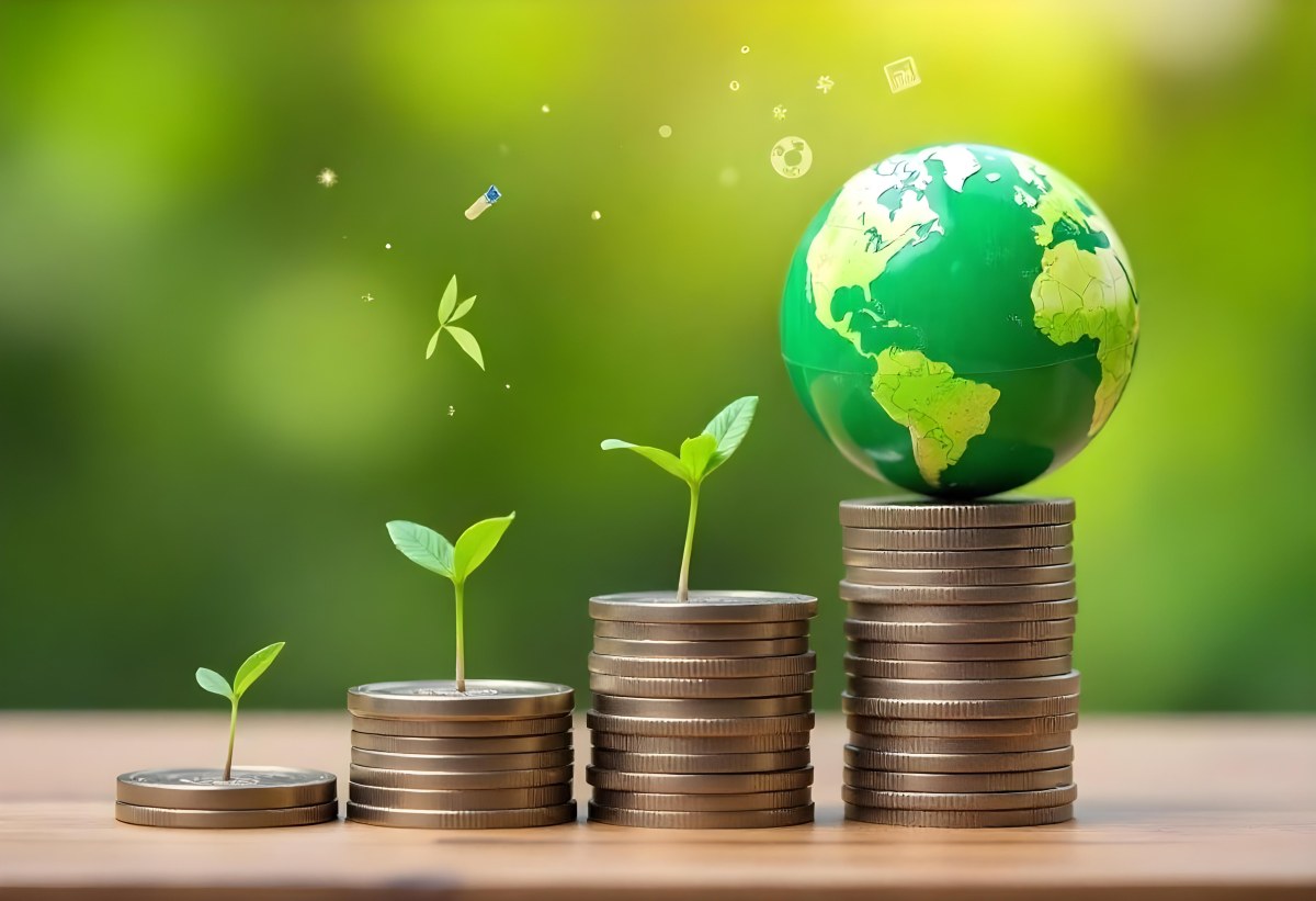 Stacks Of Coins With Plants Growing On Top A Green Earth Globe And Environmental Icons Floating Above On A Wooden Surface With A Blurred Green Background 53 C99e