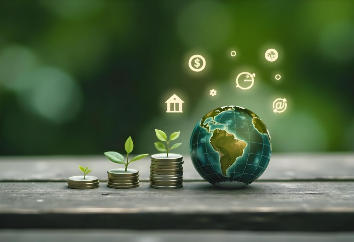Stacks Of Coins With Plants Growing On Top A Green Earth Globe And Environmental Icons Floating Above On A Wooden Surface With A Blurred Green Background 57 Abaf
