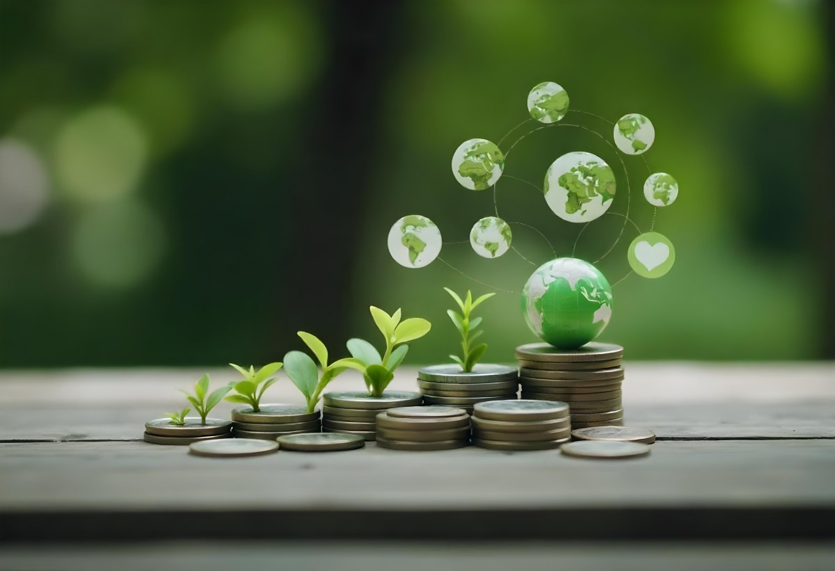 Stacks Of Coins With Plants Growing On Top A Green Earth Globe And Environmental Icons Floating Above On A Wooden Surface With A Blurred Green Background 58 817f