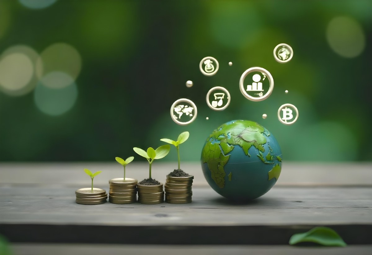 Stacks Of Coins With Plants Growing On Top A Green Earth Globe And Environmental Icons Floating Above On A Wooden Surface With A Blurred Green Background 6 1189