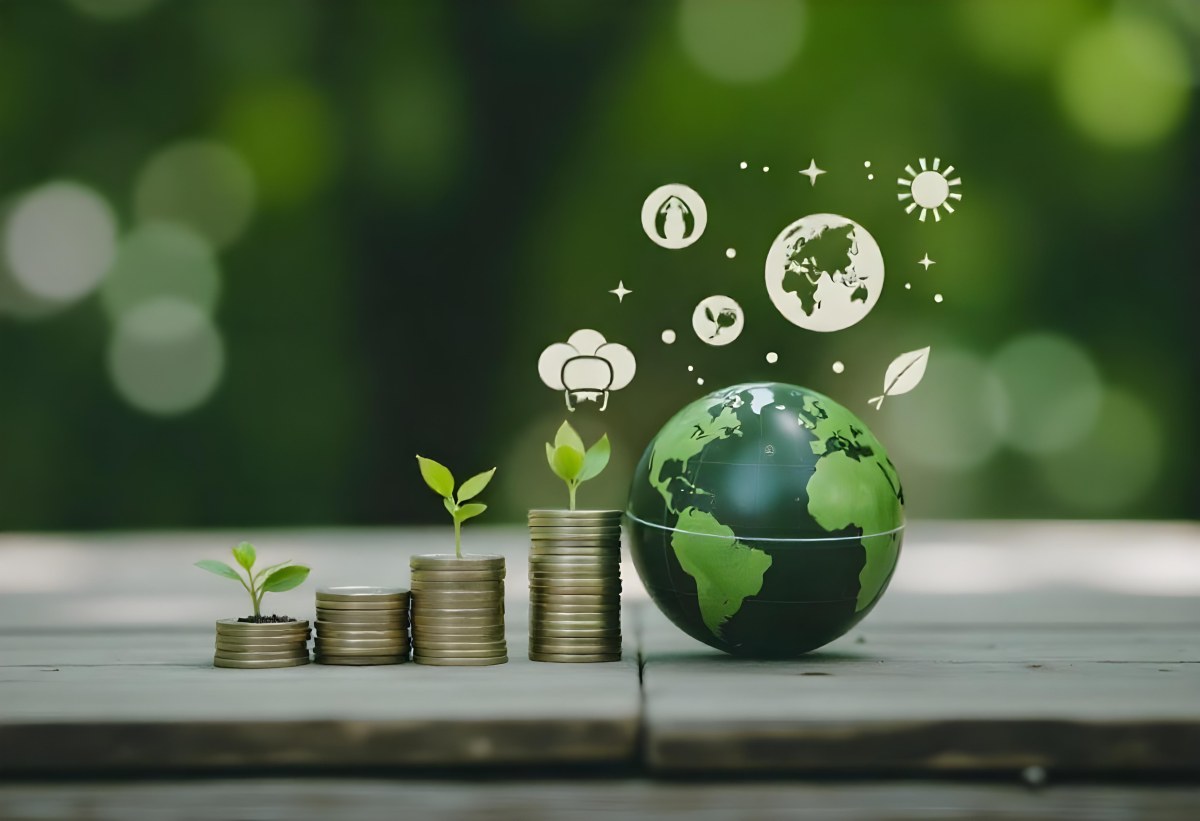 Stacks Of Coins With Plants Growing On Top A Green Earth Globe And Environmental Icons Floating Above On A Wooden Surface With A Blurred Green Background 8 E38a