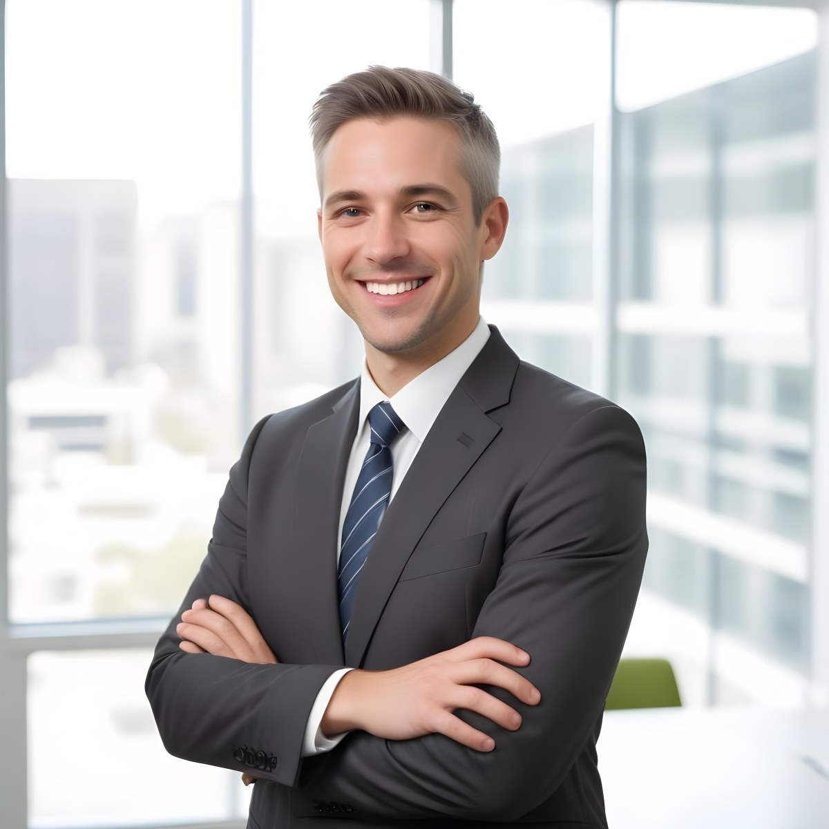 White Man 35 Years Old With Short White Hair Wearing A Suit And Tie Smiling In An Office 2 D778