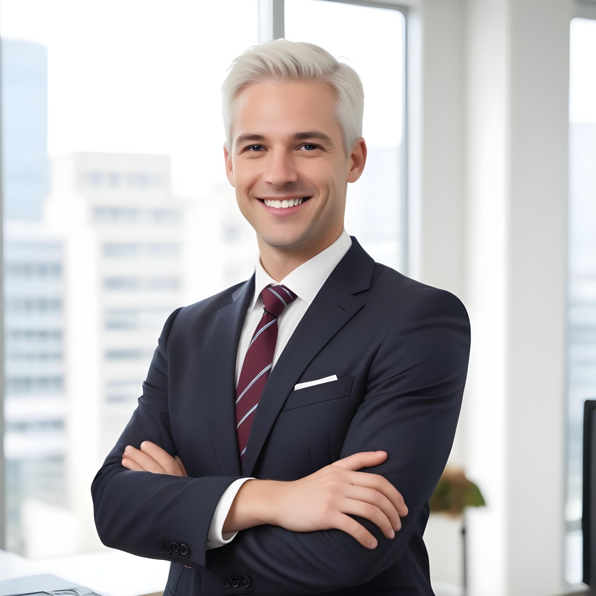 White Man 35 Years Old With Short White Hair Wearing A Suit And Tie Smiling In An Office 3 1044