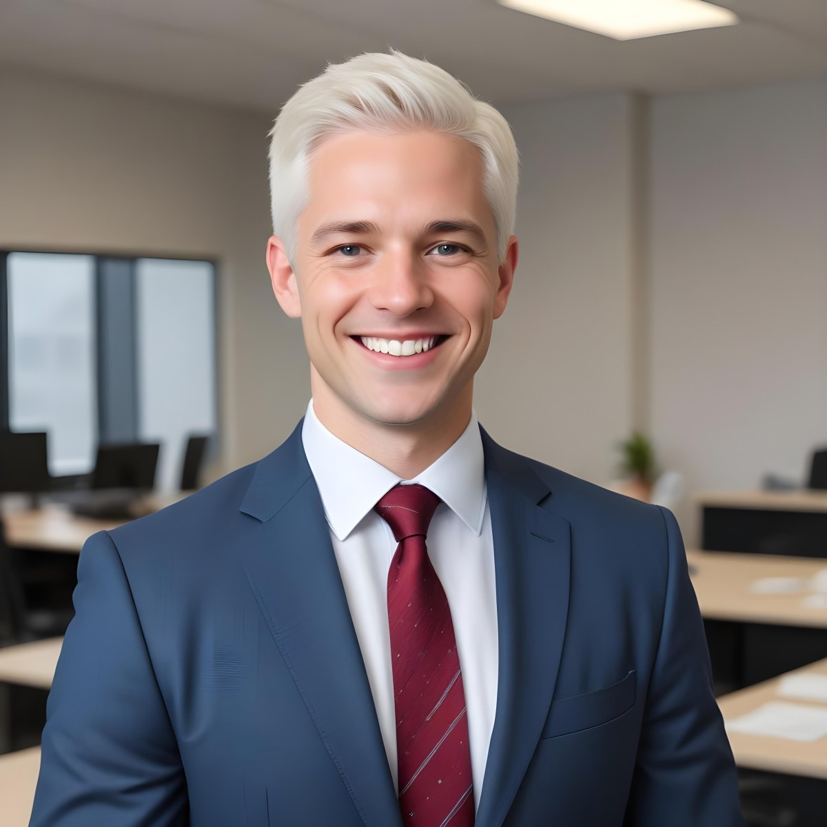 White Man 35 Years Old With Short White Hair Wearing A Suit And Tie Smiling In An Office 6 29e1