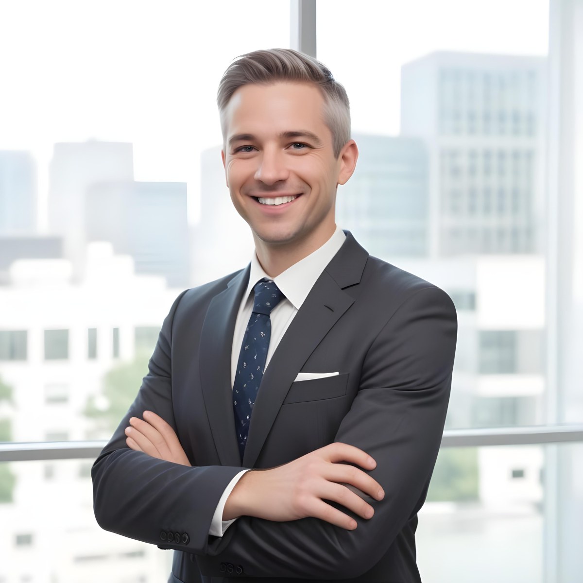 White Man 35 Years Old With Short White Hair Wearing A Suit And Tie Smiling In An Office 7 9e27