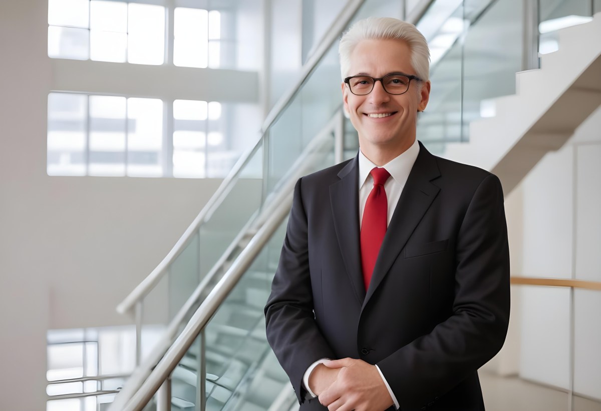 White Man 50 Years Old With White Hair And Glasses Wearing A Suit And A Red Tie Smiling In An Office Environment With A Staircase In The Background 14 D8d9