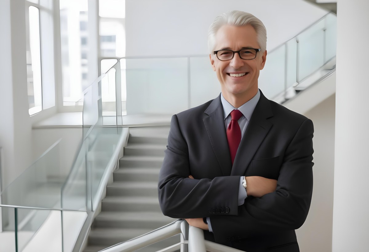 White Man 50 Years Old With White Hair And Glasses Wearing A Suit And A Red Tie Smiling In An Office Environment With A Staircase In The Background 2 C00c
