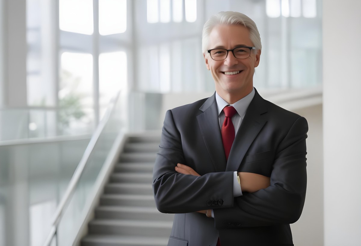 White Man 50 Years Old With White Hair And Glasses Wearing A Suit And A Red Tie Smiling In An Office Environment With A Staircase In The Background 7 8007