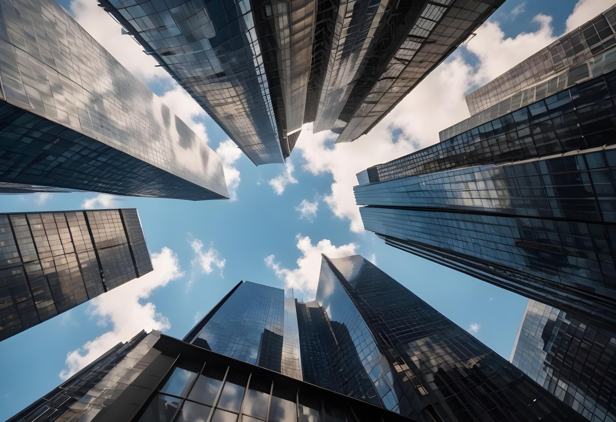 Worm S Eye View Of Modern Skyscrapers With Glass And Steel Facades Reaching Towards A Blue Sky With Scattered Clouds Creating A Sense Of Urban Grandeur 16 5ce8