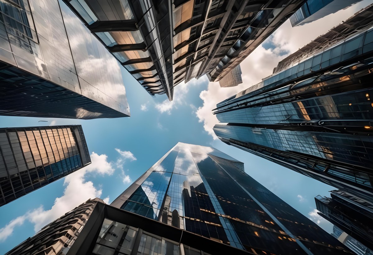 Worm S Eye View Of Modern Skyscrapers With Glass And Steel Facades Reaching Towards A Blue Sky With Scattered Clouds Creating A Sense Of Urban Grandeur 20 D400