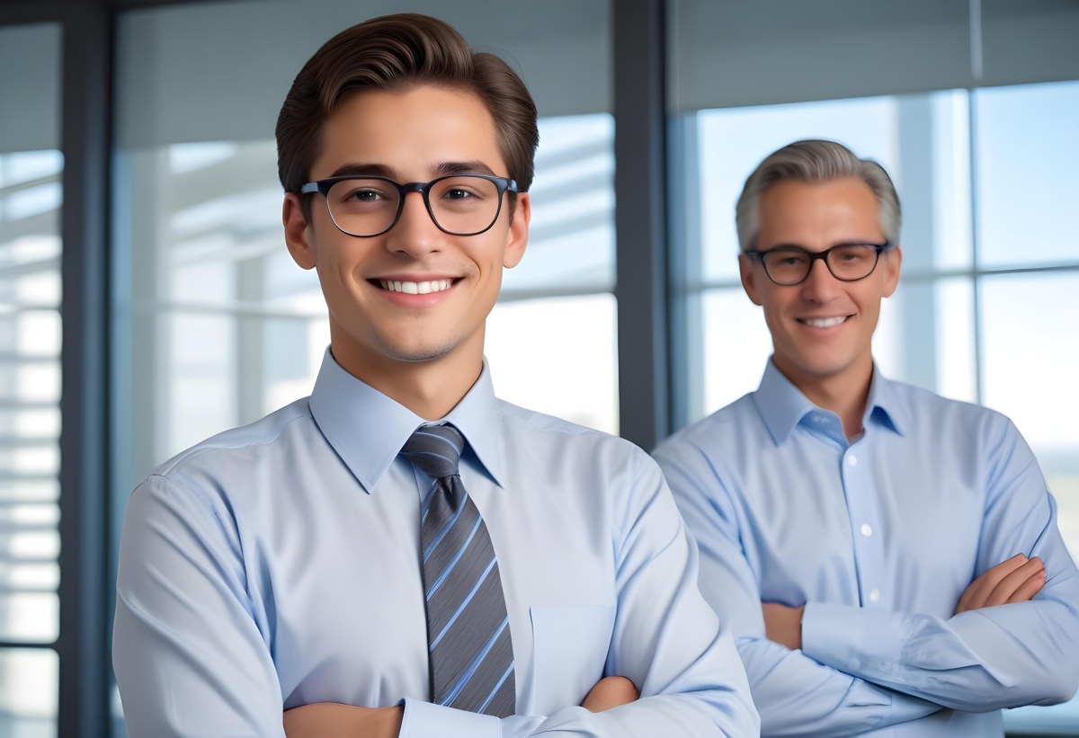 Young Adult Male With Light Skin And Dark Hair Wearing Glasses And A Light Blue Dress Shirt With A Gray Tie Smiling While Adjusting His Glasses An Older Male With Gray Hair Wearing A Light Blue Dress Shirt And A S 5 8f58