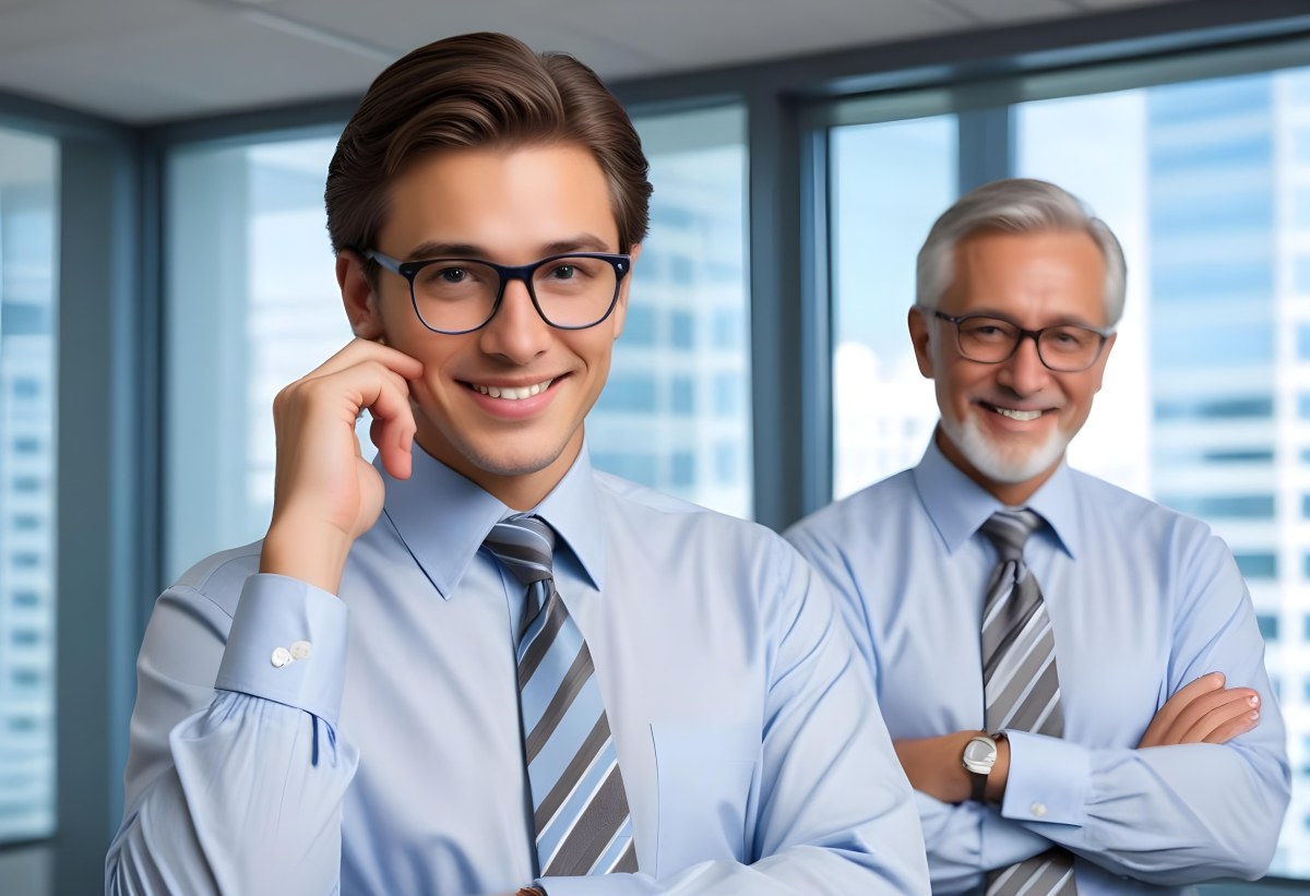 Young Adult Male With Light Skin And Dark Hair Wearing Glasses And A Light Blue Dress Shirt With A Gray Tie Smiling While Adjusting His Glasses An Older Male With Gray Hair Wearing A Light Blue Dress Shirt And A S 6 Cef2