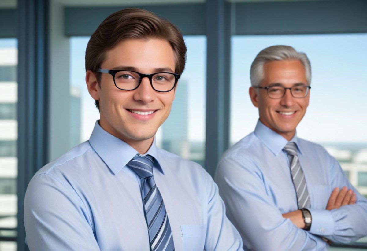 Young Adult Male With Light Skin And Dark Hair Wearing Glasses And A Light Blue Dress Shirt With A Gray Tie Smiling While Adjusting His Glasses An Older Male With Gray Hair Wearing A Light Blue Dress Shirt And A S 7 6180