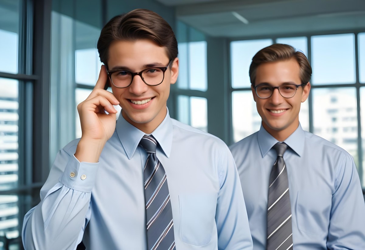 Young Adult Male With Light Skin And Dark Hair Wearing Glasses And A Light Blue Dress Shirt With A Gray Tie Smiling While Adjusting His Glasses An Older Male With Gray Hair Wearing A Light Blue Dress Shirt And A S 7ed7