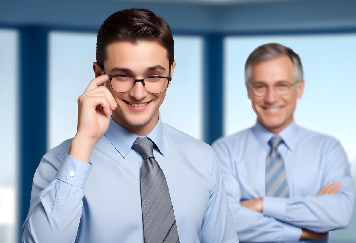 Young Adult Male With Light Skin And Dark Hair Wearing Glasses And A Light Blue Dress Shirt With A Gray Tie Smiling While Adjusting His Glasses An Older Male With Gray Hair Wearing A Light Blue Dress Shirt And A S 9 0526