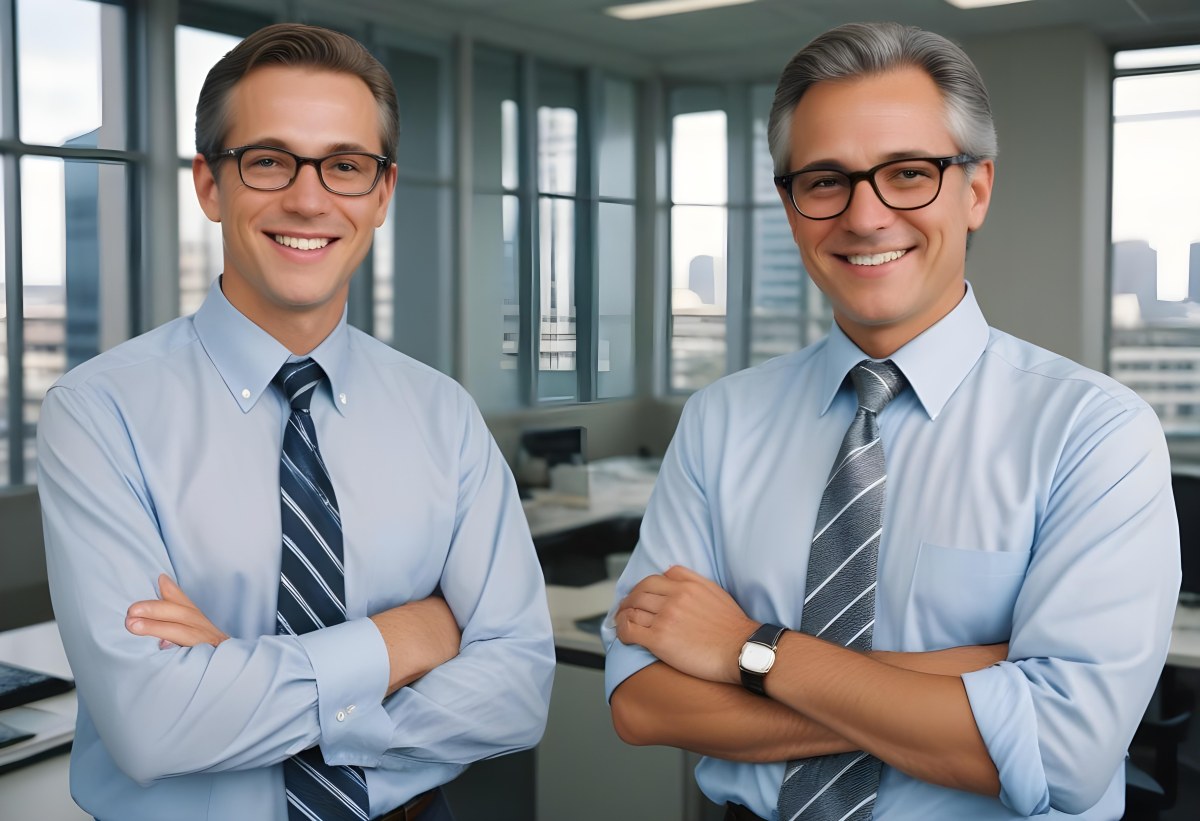 Young Adult Male With Light Skin And Dark Hair Wearing Glasses And A Light Blue Dress Shirt With A Gray Tie Smiling While Adjusting His Glasses An Older Male With Gray Hair Wearing A Light Blue Dress Shirt And A Str 1 C61a