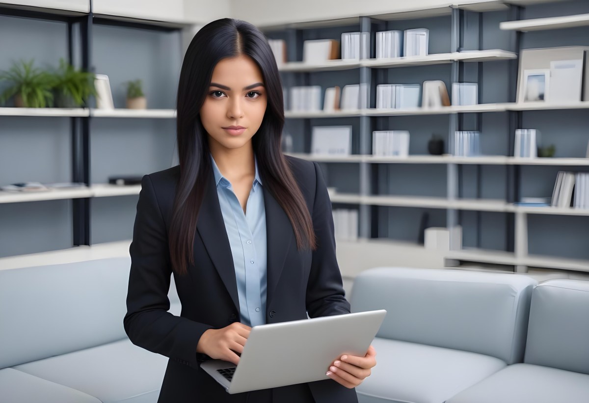 Young Woman Approximately 25 Years Old With Light Brown Skin And Long Straight Black Hair Wearing A Black Suit Over A Light Blue Shirt Holding A Silver Laptop Close To Her Chest The Background Features A Modern Office 93d1