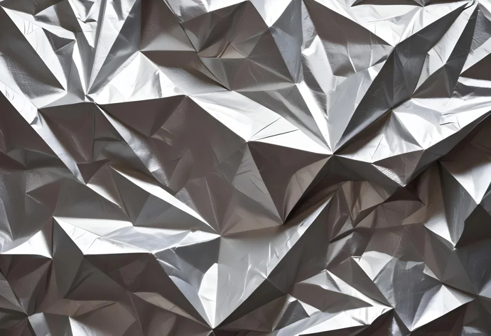 Crumpled Silver Foil Or Metallic Paper With Abstract Geometric Patterns And Shadows Creating A Textured Abstract Background In Bright Daylight Featuring Sharp Angles 11 090f