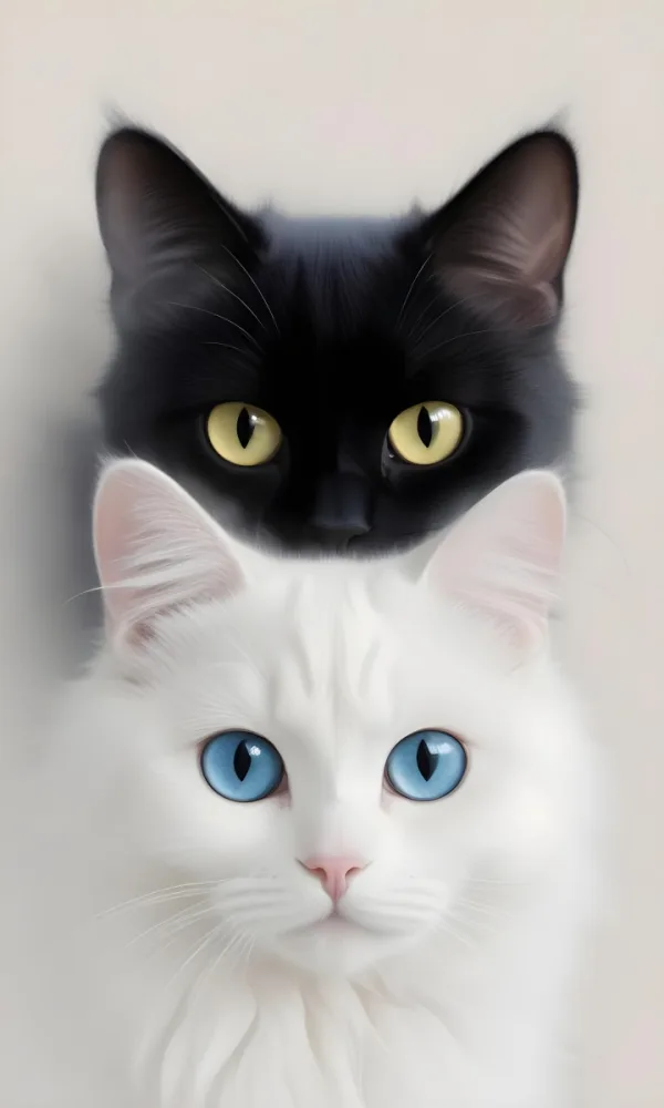 Digital Painting A Black Cat With Bright Yellow Eyes Is Positioned Behind A White Cat With Striking Blue Eyes The Black Cat S Features Are Slightly Obscured While The White Cat Is Clearly Visible Showcasing Its Fluff 23 Ea60