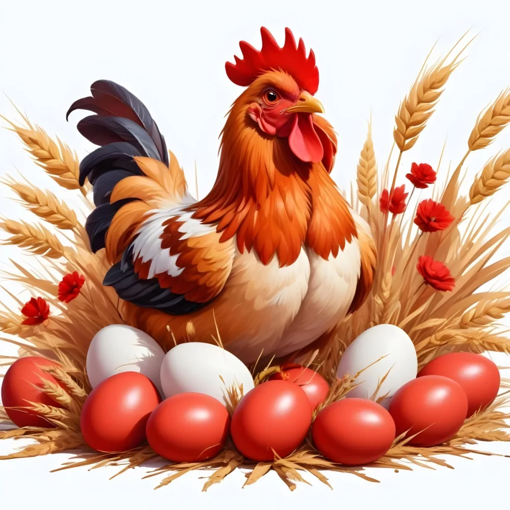Digital Painting A Cartoon Chicken With Red Feathers And A Red Crest Sitting On A Pile Of Red Eggs Surrounded By Wheat Stalks And Flowers On A Red Background Bold And Slim Lines Brush Strokes 51 11b7