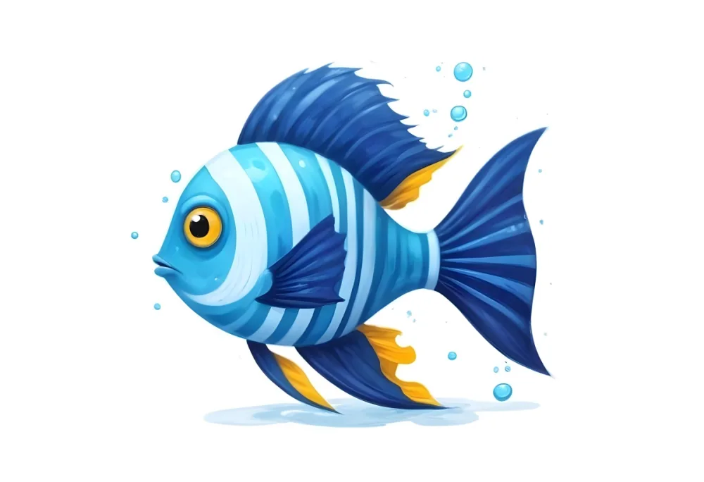Digital Painting A Cartoon Style Fish With A Blue And Turquoise Body Featuring Stripes And A Large Eye The Fish Has Flowing Fins And A Tail With Small Bubbles Rising Around It The Background Is Plain White Bold A 4 62b0